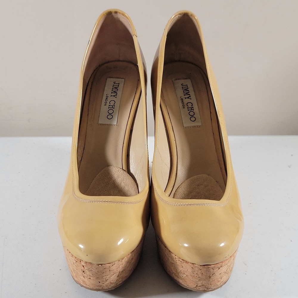 Jimmy Choo Papina Womens 9.5 Patent Leather Cork Wedge Platform High Heels Shoes - Picture 7 of 11